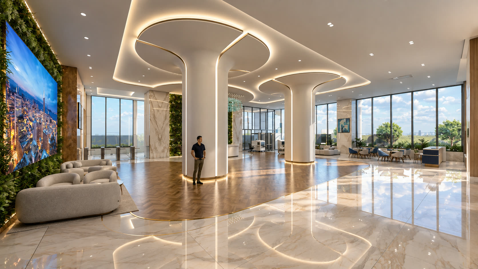 The Pegasus lobby — sculptural lit columns over herringbone timber, a living wall and full-height glazing.
