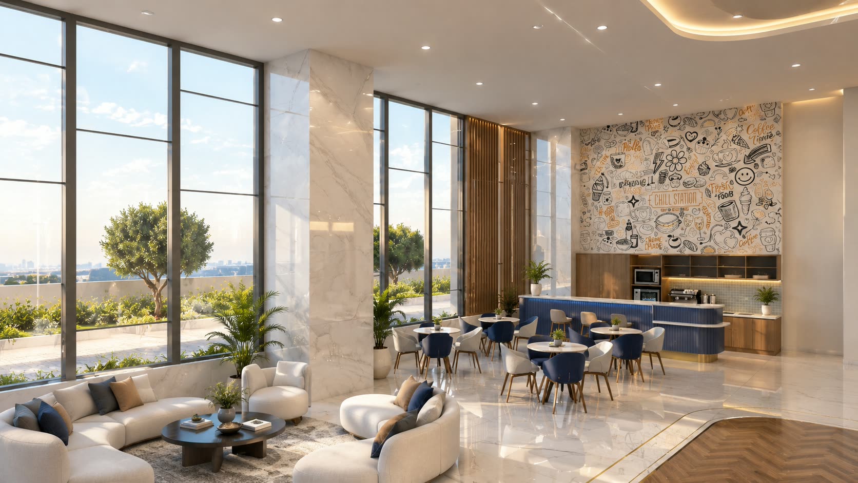 The Pegasus members' lounge — marble, planting and a café counter beneath full-height windows.