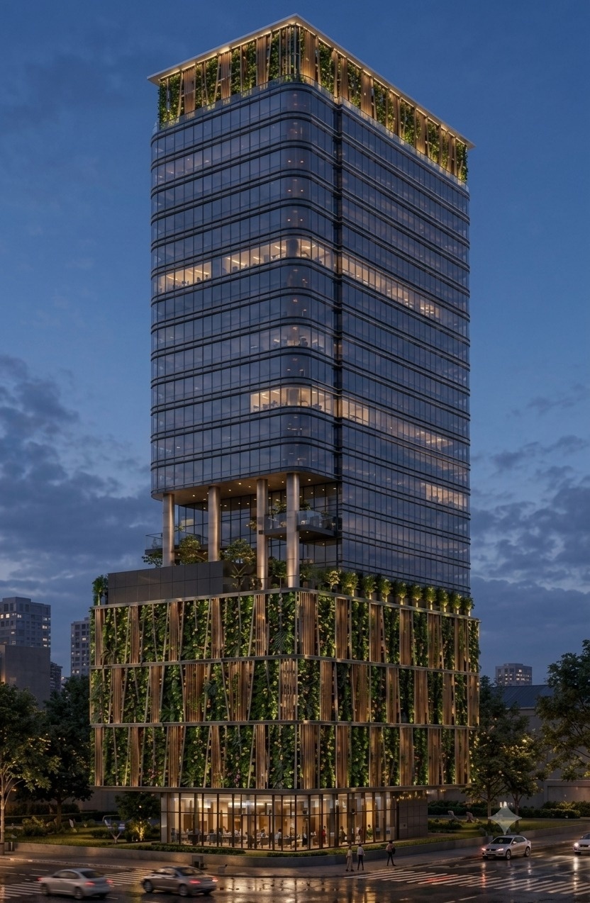 Pegasus at dusk — the living green facade wrapping the podium beneath the glass tower.