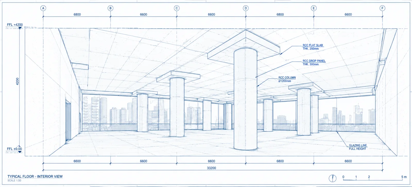 The typical floor as a dimensioned interior drawing — column grid, soffit and ceiling set out in blue linework.