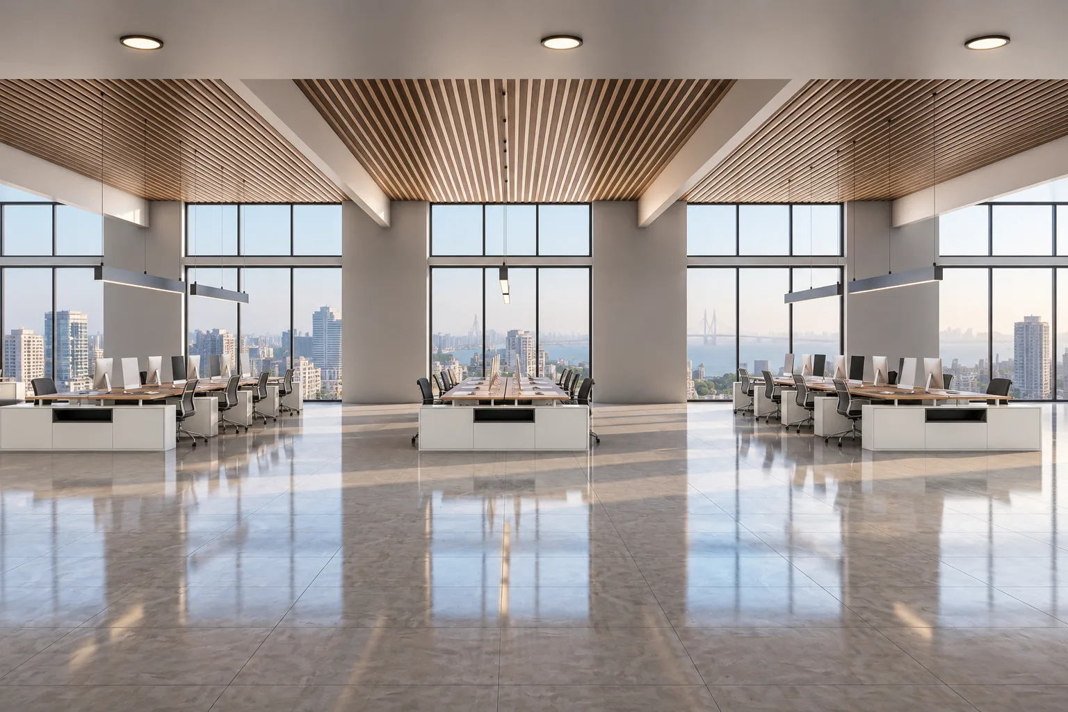 An open-plan floor beneath a timber-slatted ceiling, workstations set between full-height glazing.