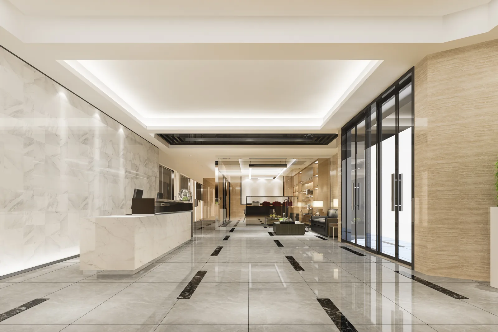 The reception lobby — stone walls and floor under a recessed-lit ceiling.