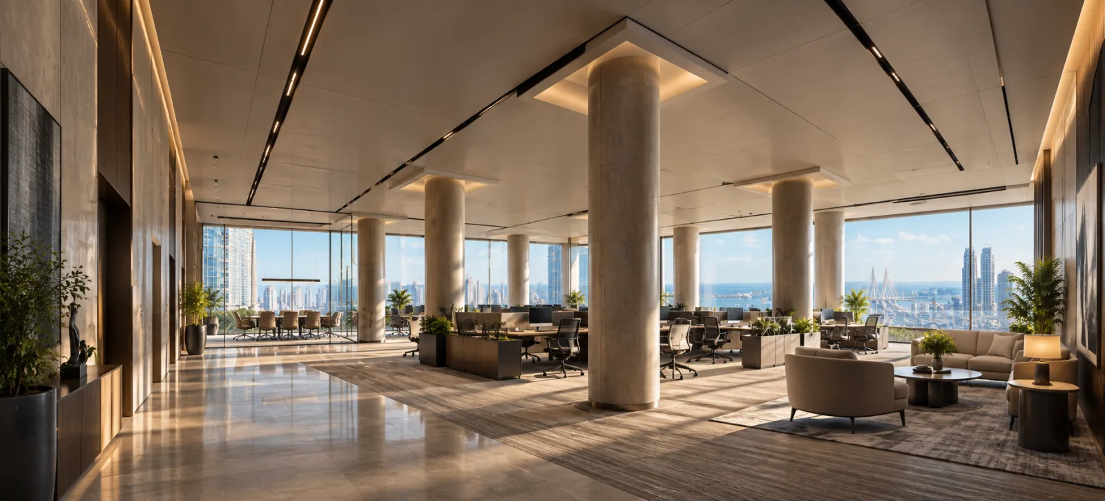 The same floor built out — stone, warm timber and planting between the columns, the bay beyond the glazing.