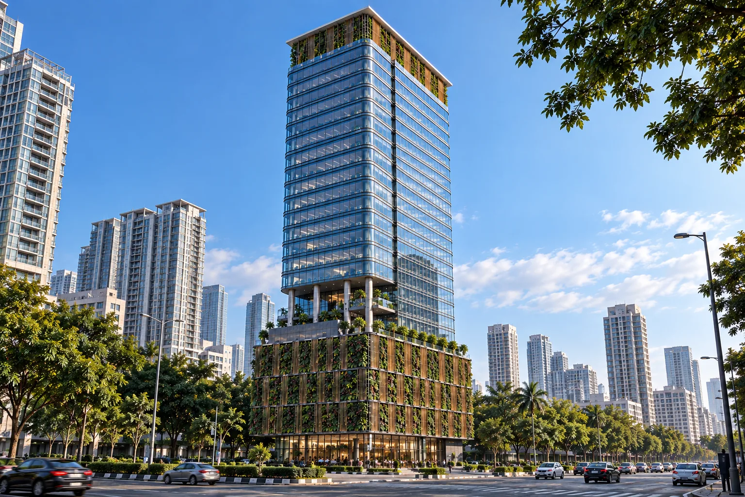Pegasus seen from Dr. Annie Besant Road in daylight — the glass tower above its planted podium.
