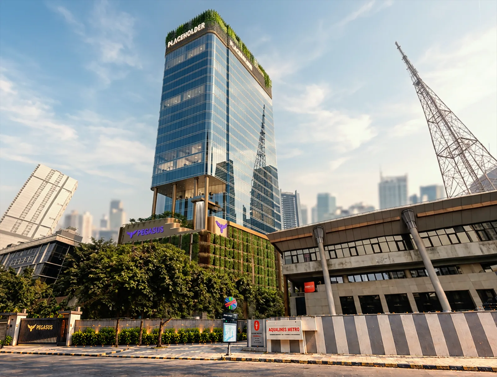 The tower on its corner site, seen across Dr. Annie Besant Road.