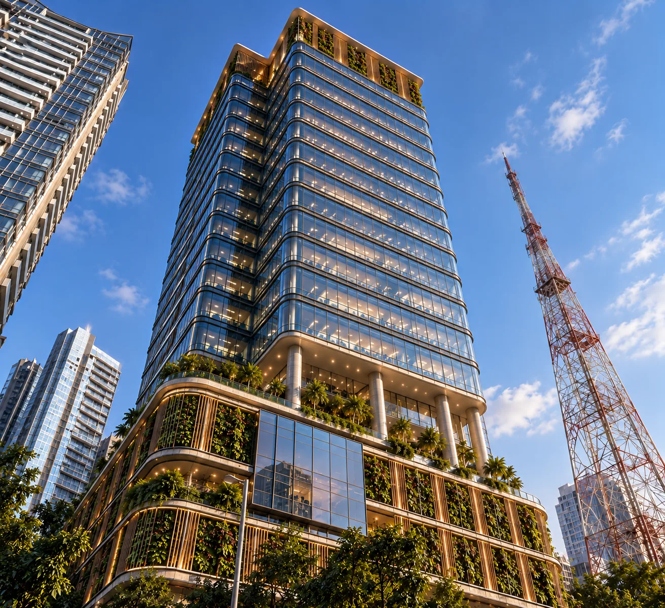 Pegasus from the corner — the glass tower rising above a podium wrapped in living planting.